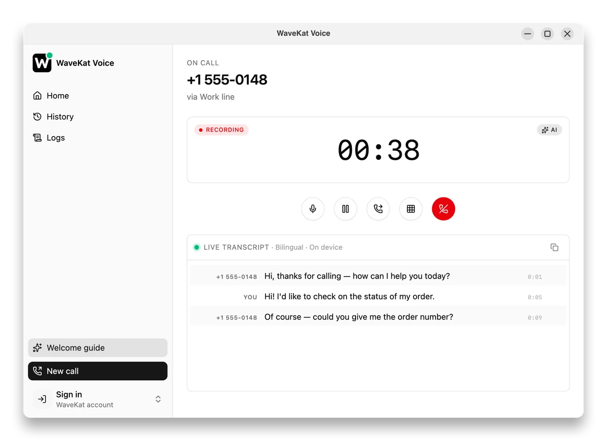 WaveKat Voice during a live call, with the transcript written down in real time